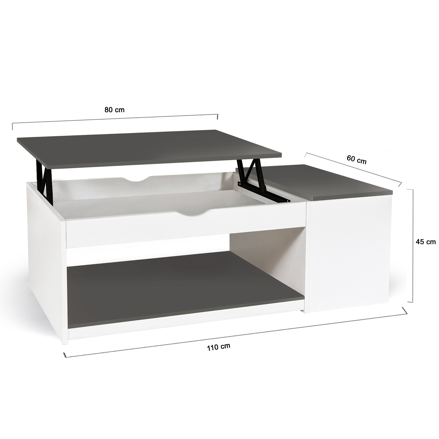 Table Basse Plateau Relevable Avec Coffre Bois Blanc Et Gris Elea