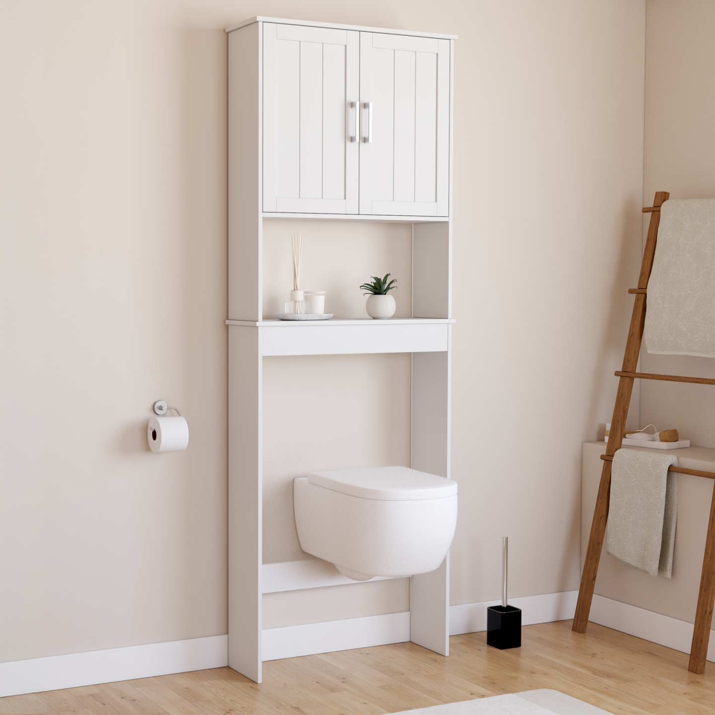 Meuble étagère dessus WC WALDO placard bois blanc