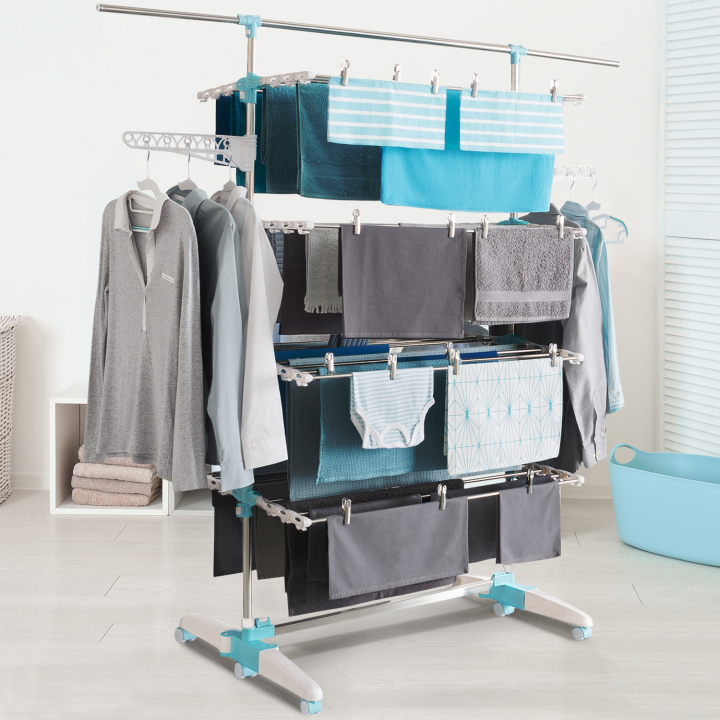 Cheap 4 tier stainless steel clotheshorse white and blue | ID Market