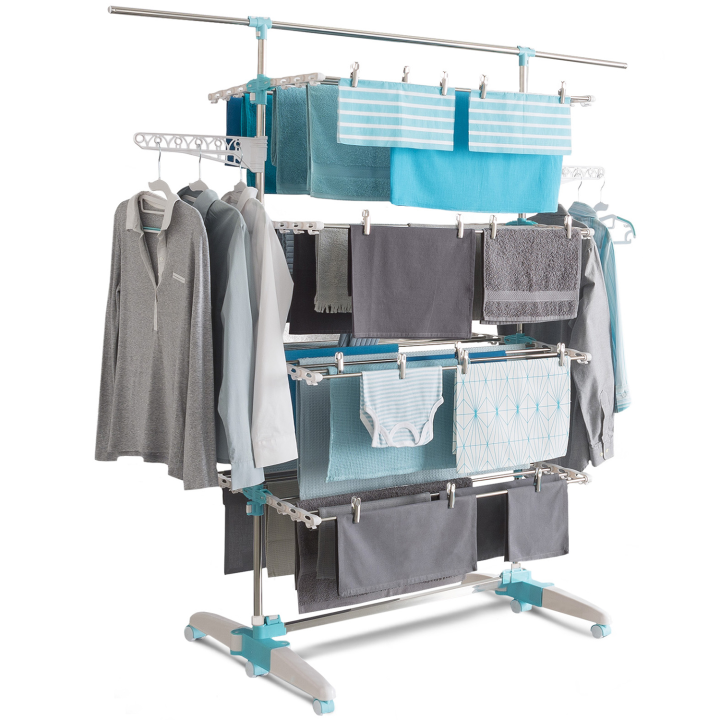 Séchoir à linge blanc/bleu 4 niveaux réglables XXL + barre télescopique