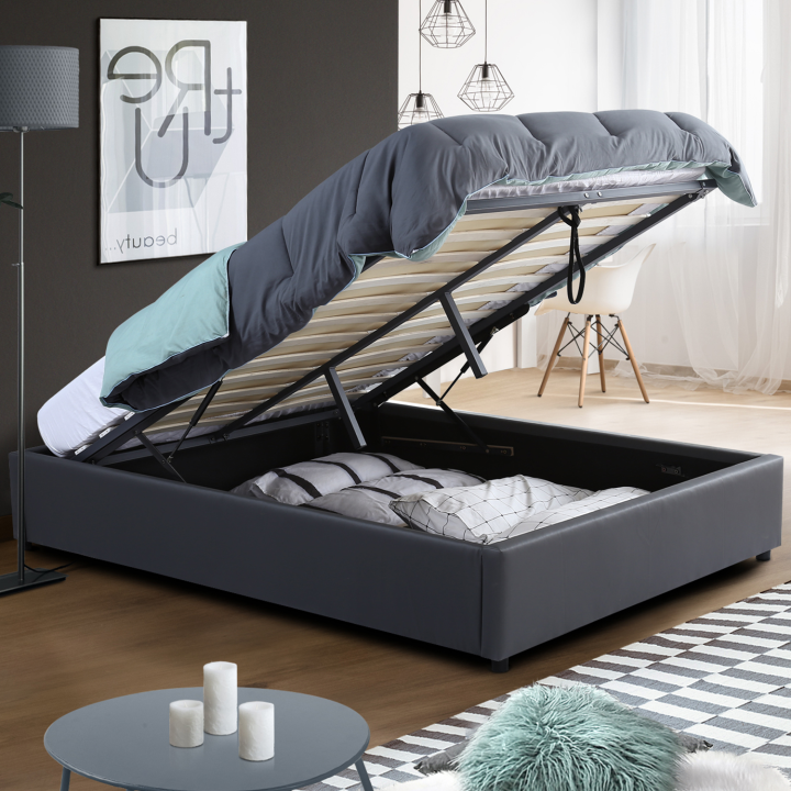 Lit coffre double MIAMI avec sommier 140 x 190 CM PVC gris