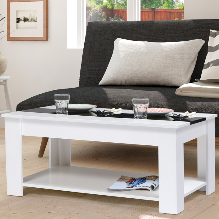 Table basse contemporaine GEORGIA plateau relevable bois blanc et noir