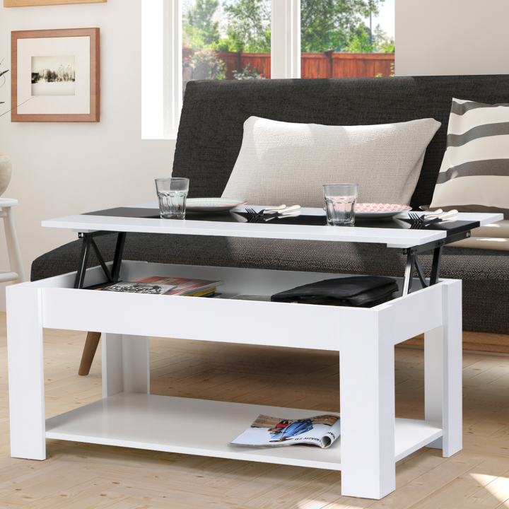 Table basse contemporaine GEORGIA plateau relevable bois blanc et noir