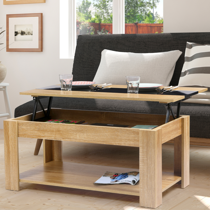 Table basse contemporaine GEORGIA plateau relevable bois noir et imitation hêtre