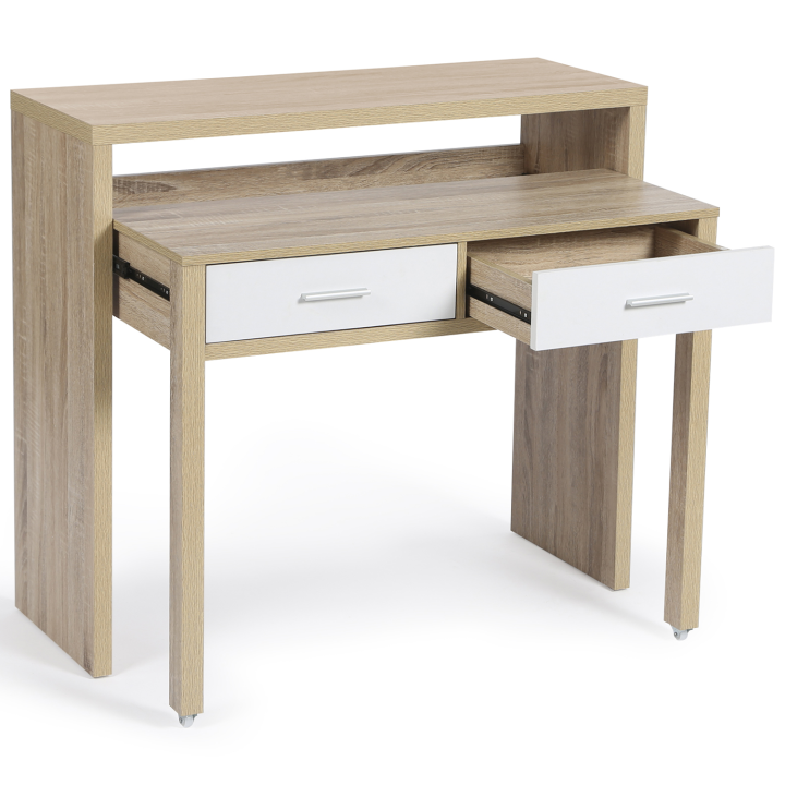 Bureau extensible bois blanc et imitation hêtre