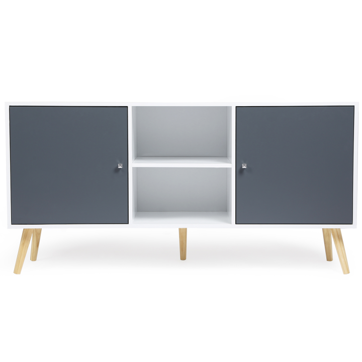 Buffet bas scandinave 140 cm EFFIE 2 portes bois blanc et gris