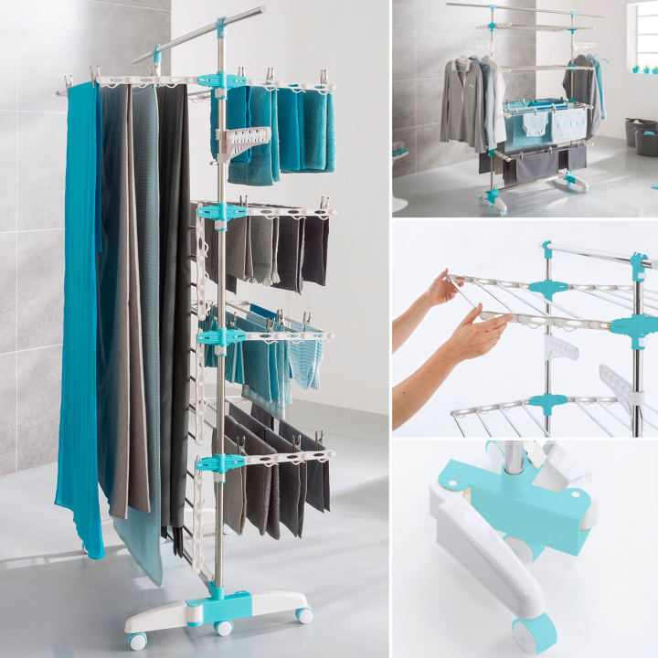 Cheap 4 tier stainless steel clotheshorse white and blue | ID Market