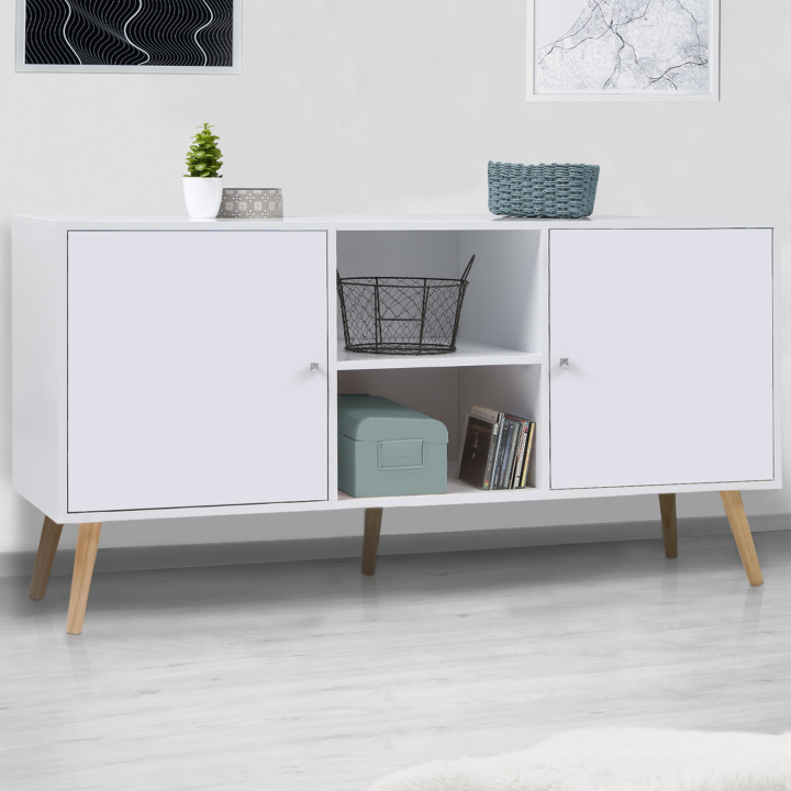 Buffet bas scandinave 140 cm EFFIE 2 portes bois blanc