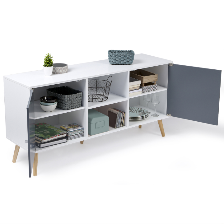 Buffet bas scandinave 140 cm EFFIE 2 portes bois blanc et gris