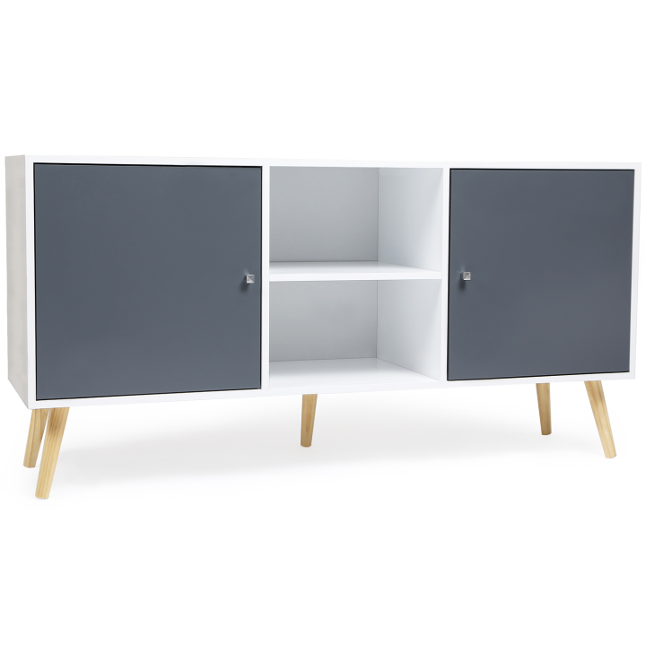 Buffet bas scandinave 140 cm EFFIE 2 portes bois blanc et gris