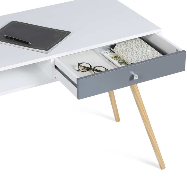 Bureau scandinave EFFIE bois blanc tiroir gris