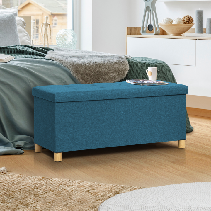 Banc coffre rangement 100 cm en tissu bleu canard