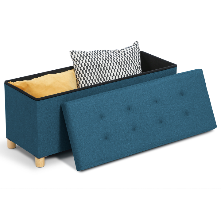 Banc coffre rangement 100 cm en tissu bleu canard