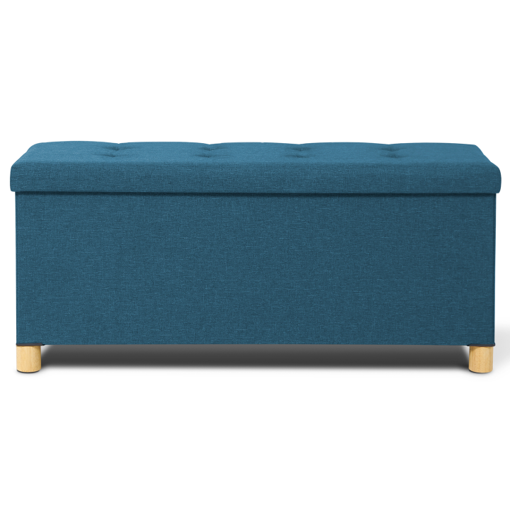 Banc coffre rangement 100 cm en tissu bleu canard