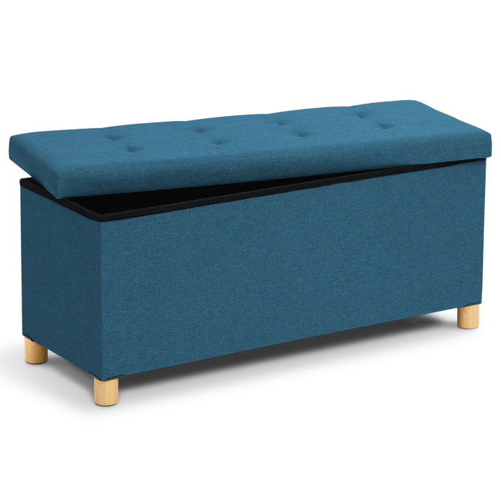 Banc coffre rangement 100 cm en tissu bleu canard