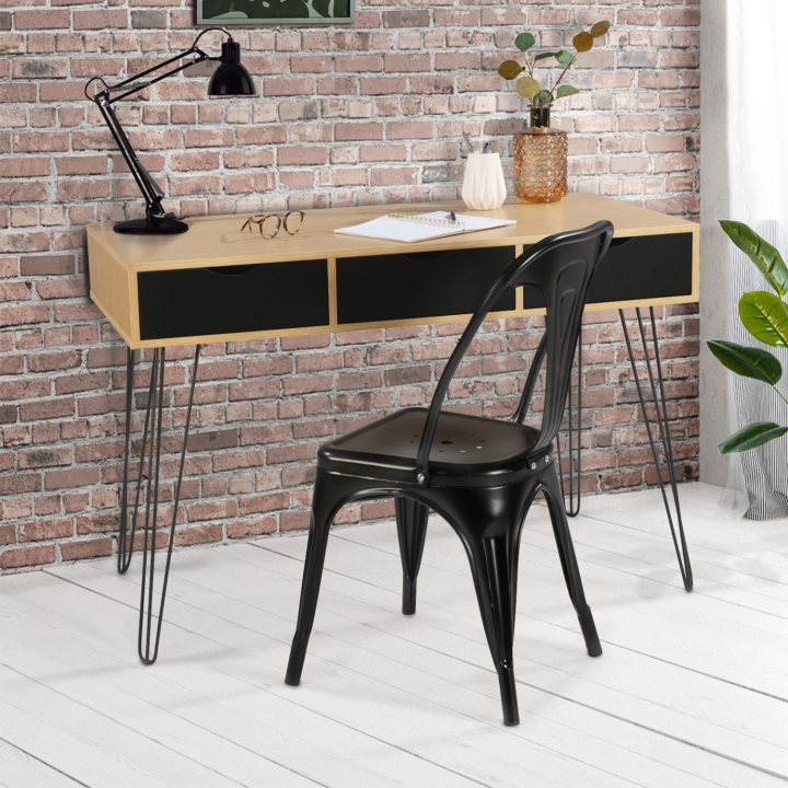 Bureau 3 tiroirs vintage NOEMI bois pied épingle