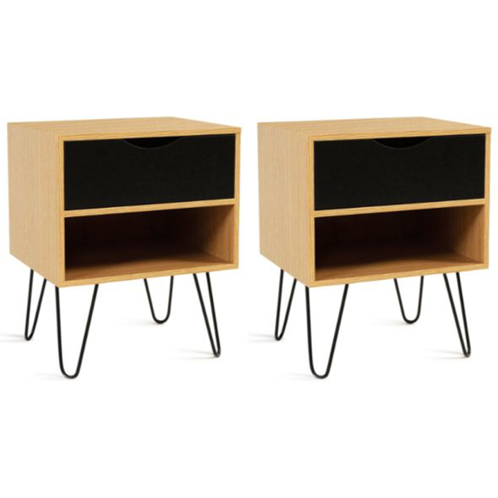 Lot de 2 tables de chevet NOEMI 1 tiroir 1 étagère bois pied épingle