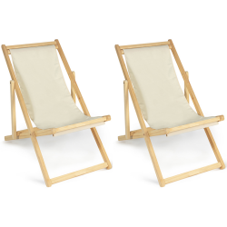 Lot de 2 chaises longues pliantes en bois toile écrue