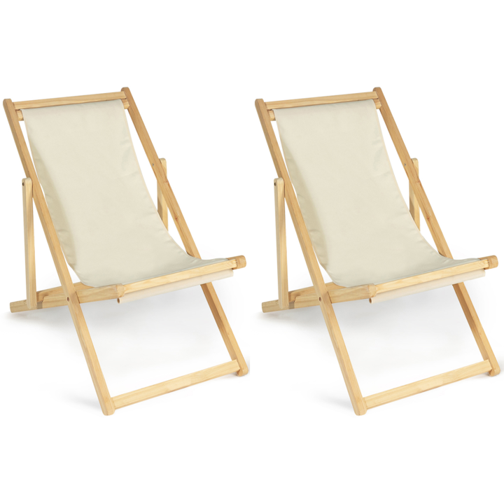 Lot de 2 chaises longues pliantes en bois toile écrue