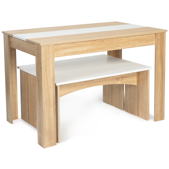 Ensemble table à manger et 2 bancs ROZY 4 personnes hêtre et blanc 110 cm