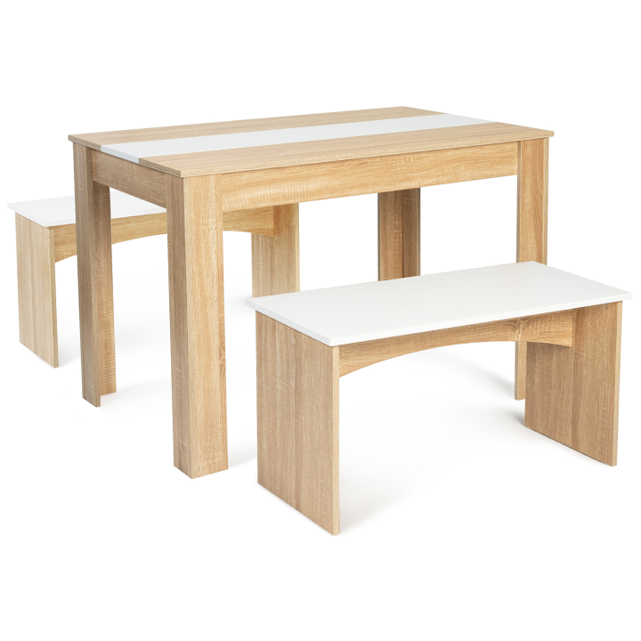 Ensemble table à manger et 2 bancs ROZY 4 personnes hêtre et blanc 110 cm