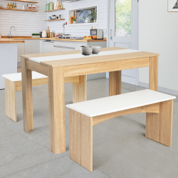 Ensemble table à manger et 2 bancs ROZY 4 personnes hêtre et blanc 110 cm