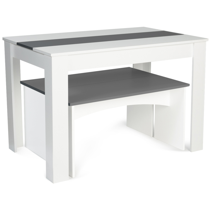 Ensemble table à manger et 2 bancs ROZY 4 personnes blanc et gris 110 cm