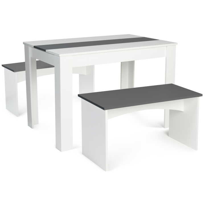 Ensemble table à manger et 2 bancs ROZY 4 personnes blanc et gris 110 cm