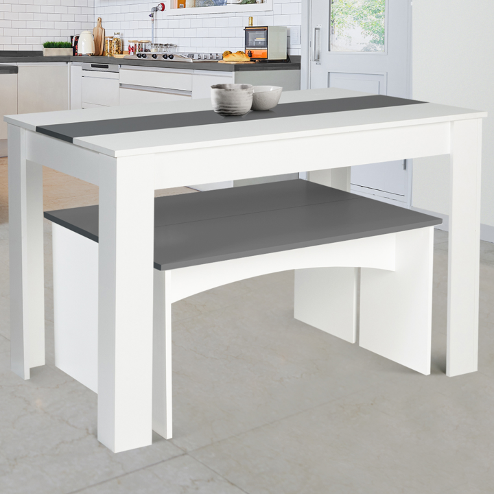 Ensemble table à manger et 2 bancs ROZY 4 personnes blanc et gris 110 cm