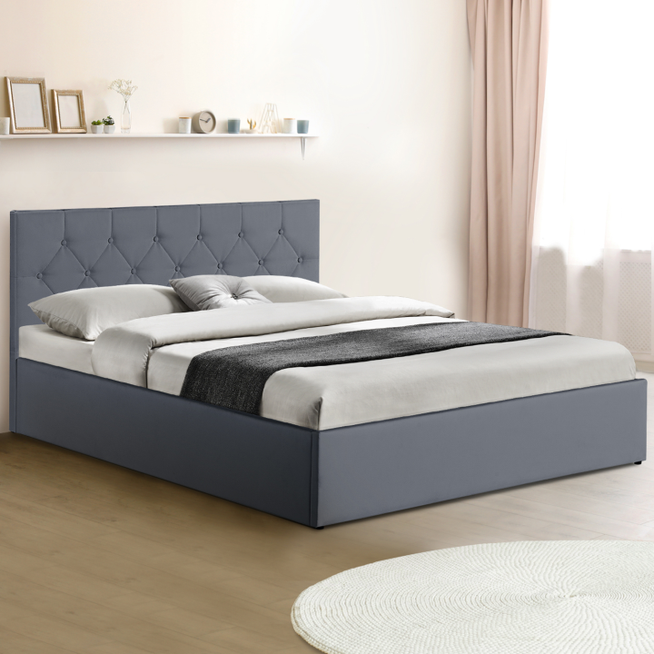 Cama box gris con cabecero barata 140x190cm - AUSTIN | ID Market