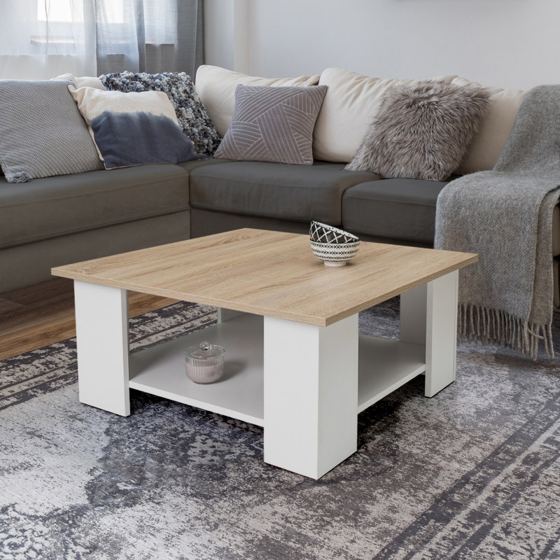 Table basse carrée bois imitation hêtre et blanc 70x70cm  ELI  ID Market