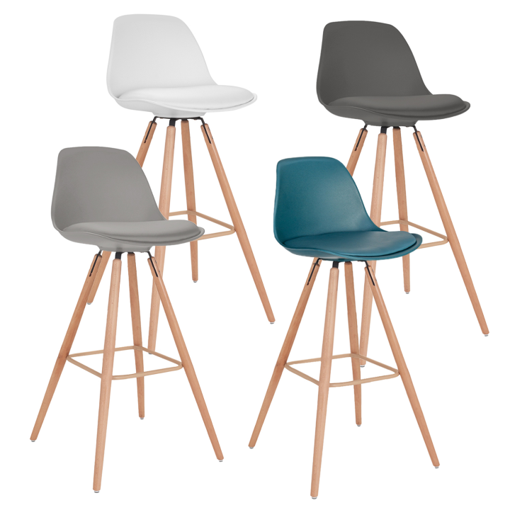 Lot de 4 tabourets de bar SARA GRIS FONCE, GRIS CLAIR, BLANC ET BLEU