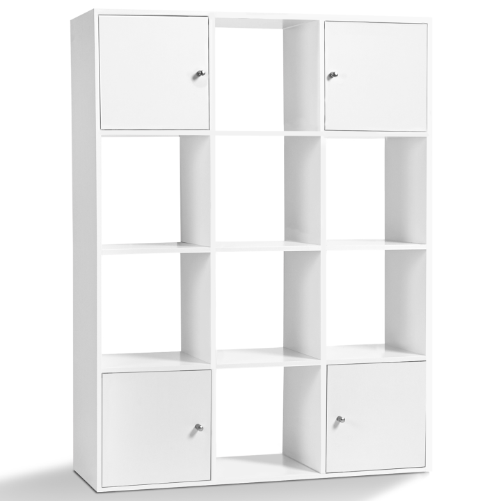 Meuble de rangement cube 12 cases bois blanc avec portes fond gris