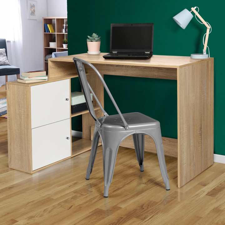 Bureau d'angle en forme de L BOB imitation hêtre portes blanches