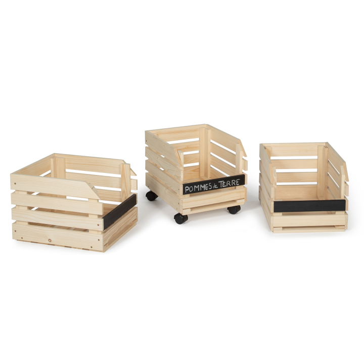 Lot de 3 clayettes en bois à roulettes