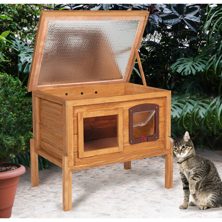 Niche autochauffante en bois pour chat avec porte et fenêtre