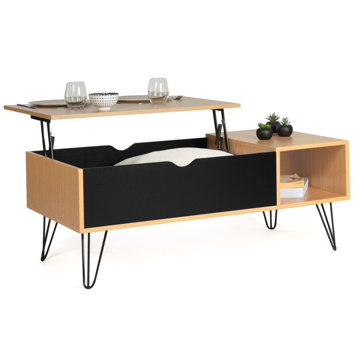 Table basse plateau relevable NOEMI bois pieds épingle