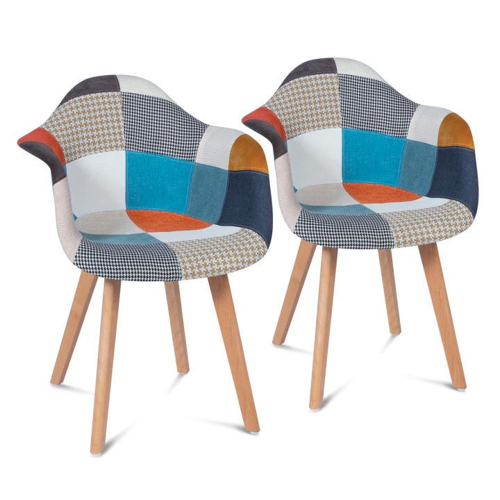 Lot de 2 fauteuils scandinaves SARA motifs patchworks multi-couleurs