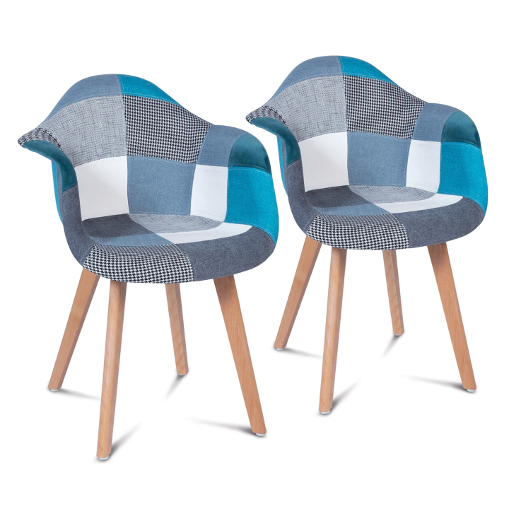 Lot de 2 fauteuils  scandinaves SARA motifs patchworks bleus