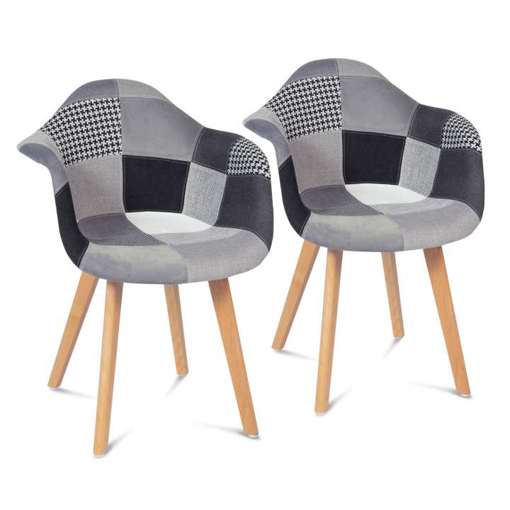 Lot de 2 fauteuils  scandinaves SARA motifs patchworks noirs, gris et blancs