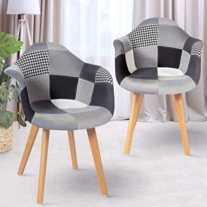 Lot de 2 fauteuils  scandinaves SARA motifs patchworks noirs, gris et blancs