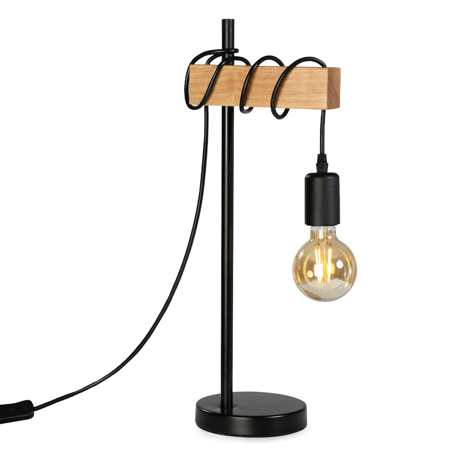 Lampe De Chevet Metal Noir Et Bois Clair Style Industriel Id Market