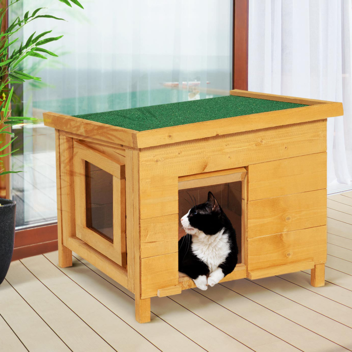 Maison pour chat niche en bois avec porte basculante à lamelles