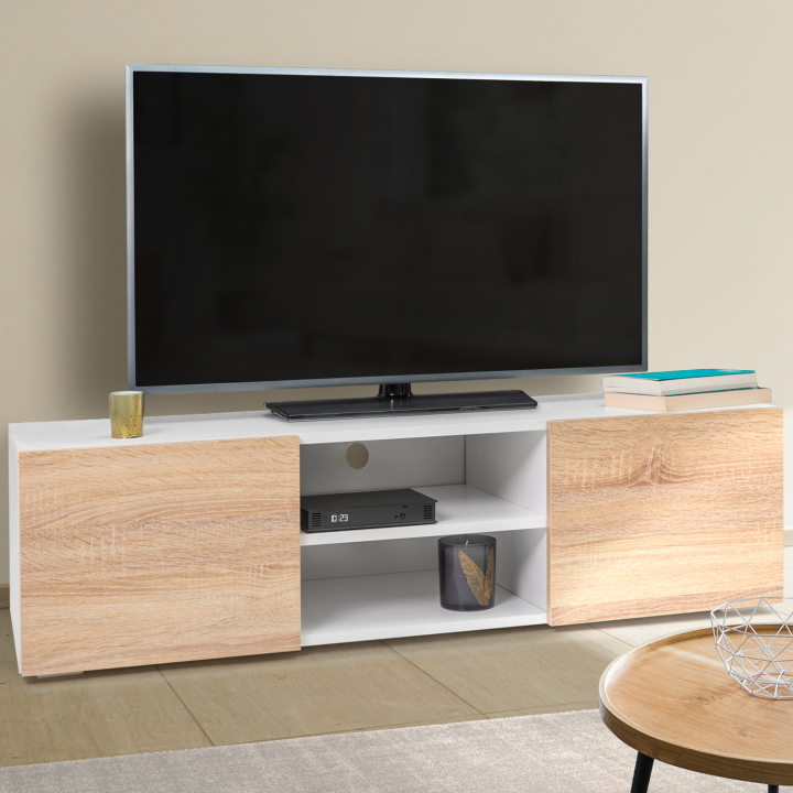 Mueble de TV blanco barato con puertas efecto haya - ELI | ID Market