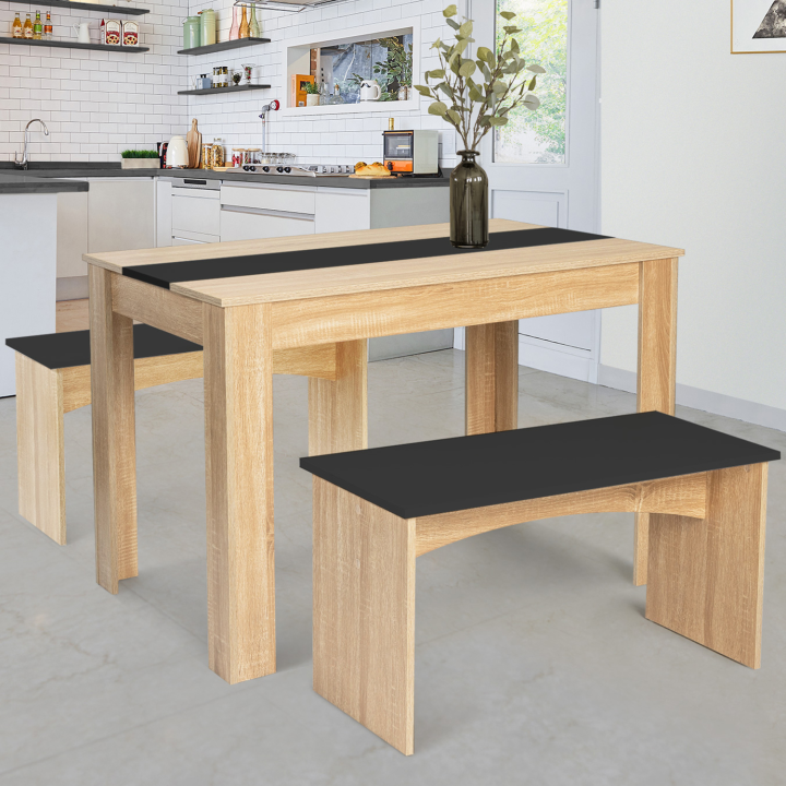 Ensemble table à manger et 2 bancs ROZY 4 personnes hêtre et noir 110 cm