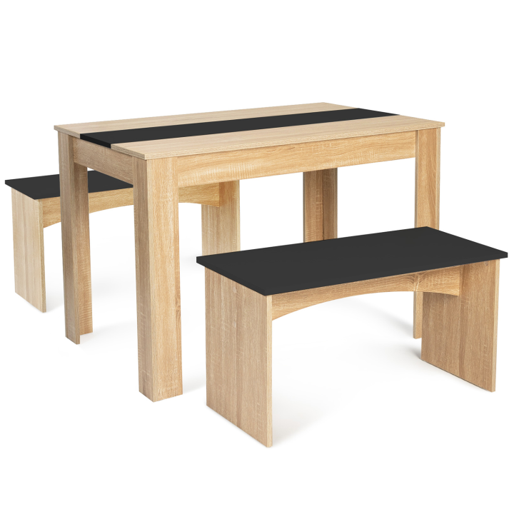 Ensemble table à manger et 2 bancs ROZY 4 personnes hêtre et noir 110 cm