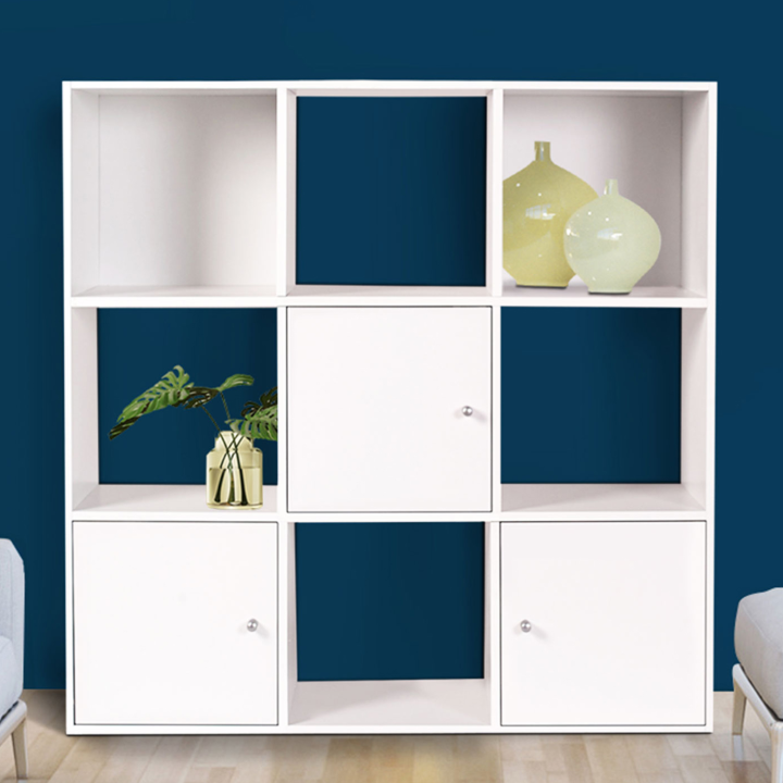 Meuble de rangement cube 9 cases bois blanc avec 3 portes