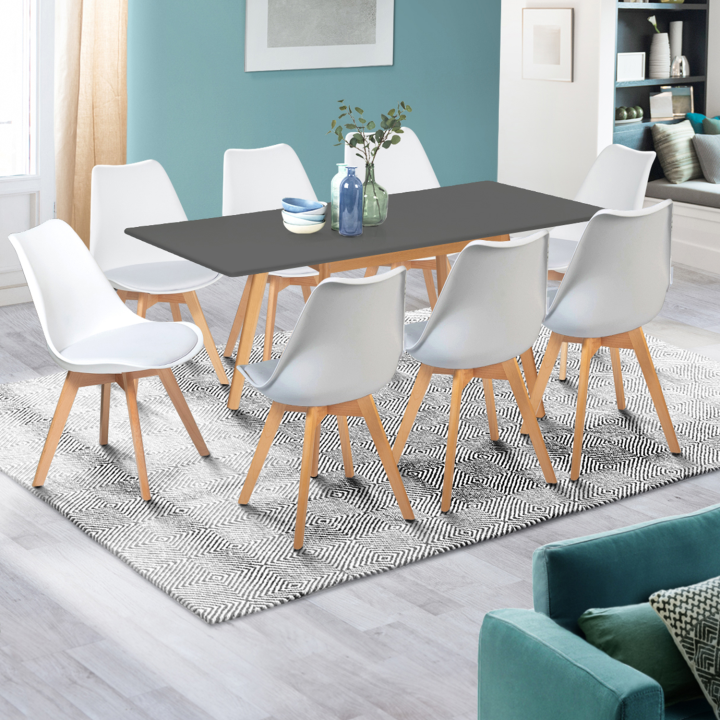 Table scandinave extensible rectangle INGA 4-6 personnes plateau gris anthracite pieds bois 120-160 cm