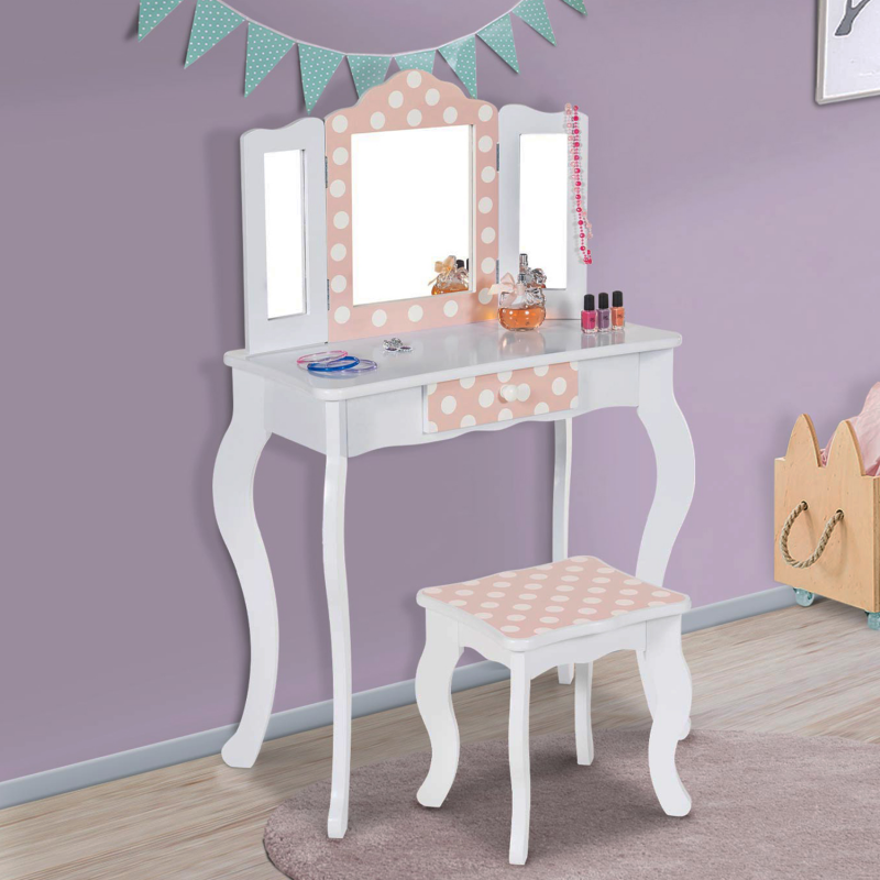 Coiffeuse pour enfants avec miroir et tabouret en bois - style princesse cadeau  pour filles rose