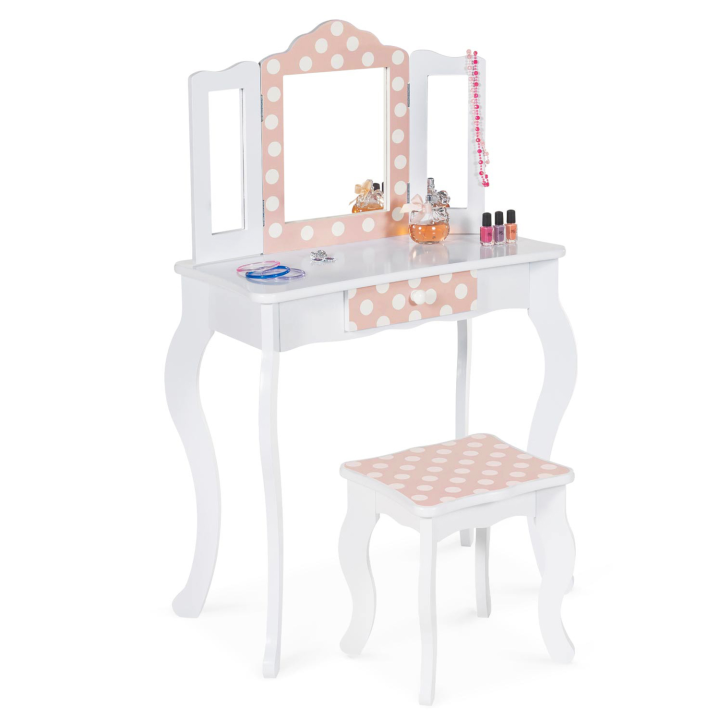 Coiffeuse enfant ROZA blanche et rose avec 3 miroirs et tabouret